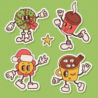 Christmas retro stickers set with 60s cartoon holiday mascot characters. Coffee paper cup, Christmas wreath, flower, cocoa mug. 50s old animation style. Vintage comic characters. Vector illustration.
