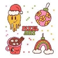 conjunto de imágenes prediseñadas de elementos navideños de pixel art. Colección de decoraciones de estilo de videojuego vintage de 8 bits de bola de árbol de navidad y juguete, taza de cacao, emoticono en sombrero de santa. ilustración linda del arte del pixel del vector. vector