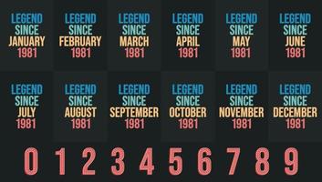 Legend since 1981 all month includes. Born in 1981 birthday design bundle for January to December vector