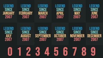 leyenda desde 2007 todo el mes incluye. paquete de diseño de cumpleaños nacido en 2007 de enero a diciembre vector