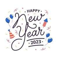 feliz año nuevo 2023 fondo de letras con decoraciones de confeti vector