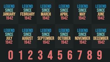 Legend since 1942 all month includes. Born in 1942 birthday design bundle for January to December vector