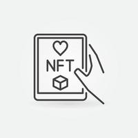 tableta con nft en la mano contorno vector icono de concepto de token no fungible