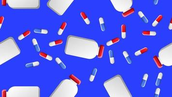 Endless seamless pattern of medical scientific medical items of pharmacological jars for pills and medicine pills capsules on a blue background. Vector illustration