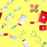 Endless seamless pattern of medical scientific medical items icons jars with pills capsules first aid kits and stethoscopes on a yellow background. Vector illustration