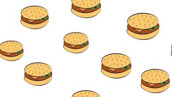 apetitosas hamburguesas sobre un fondo blanco, ilustración vectorial. patrón con hamburguesas brillantes y coloridas con un relleno apetitoso y jugoso. hamburguesas amarillas, marrones y brillantes. papel pintado, patrón de comida vector