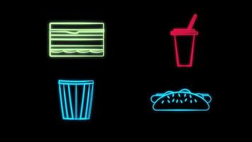 Set line Taco with tortilla, Paper glass with drinking straw and burger, Popcorn in bowl and Hotdog sandwich with mustard. Glowing neon icon on brick wall. Vector