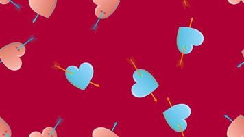 Endless seamless pattern of beautiful festive love joyful hearts with cupid arrow on a red background. Vector illustration