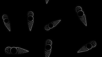 ice cream in balls in a waffle cup on a black background, pattern, vector illustration. in wallpaper style with lots of white ice creams. decor in the style of drawing with a pencil or chalk