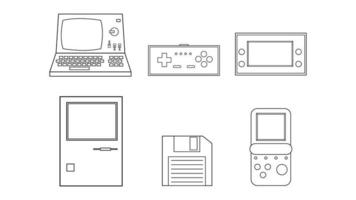 Set of black and white old retro vintage hipster technology electronics computer, pc, floppy floppy disk, game portable video game consoles from 70s, 80s, 90s. Vector illustration