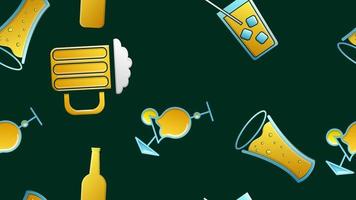 Endless seamless pattern of beautiful glass glasses with tasty alcoholic cocktails with ice and straws with lemons and beer for a party on a green background. Vector illustration