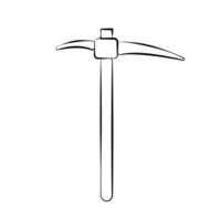 Construction, miner's black and white icon of a metal pickaxe with a wooden handle for digging earth, ore, gold mining, and minerals for repair. Construction metalwork tool. Vector