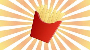 French fries in a red cardboard cup, vector illustration. on a bright, colored background with peach-white stripes. retro potatoes. advertising of fried food