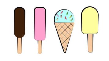 Tasty colorful ice cream set. Collection ice-cream cones and Popsicle with different topping isolated on white background. Vector illustration for web design or print