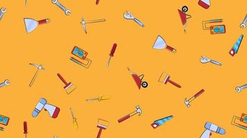 Texture, seamless pattern of a set of construction tools for repair hammer, shovel, screwdriver, wrench, tester, brush, saw, trolley, trowel, ladder on a yellow background. Vector illustration