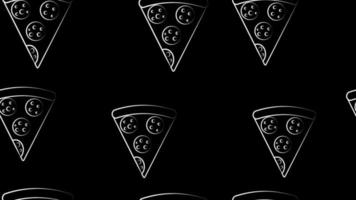 rebanada de pizza sobre masa fina, sobre un fondo negro, ilustración vectorial, patrón. pizza rellena de carne, queso. diseño y decoración. patrón blanco y negro en estilo de dibujo de tiza vector