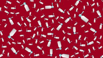 Endless seamless pattern of medical scientific medical drops and sprays for nose and throat from a runny nose and sore throat on a red background. Vector illustration