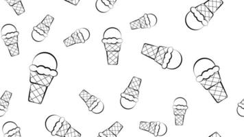 ice cream in a ball in a waffle cup on a white background, pattern, vector illustration. fast food, quick bite. wallpaper design in the style of a pencil drawing. home and cafe decor