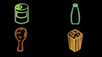 fast food neon icons, vector neon glow on dark background