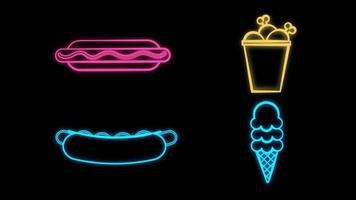 Neon street food icon set. Vector fastfood sign collection. Glowing take away pictogram illustrations in line style. Simple signs for cafe, delivery, stall, stand, vendor