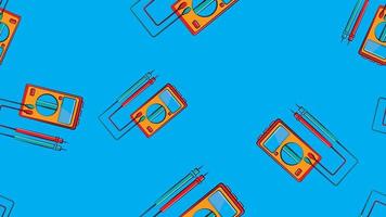 Texture, seamless pattern of red and yellow instruments for measuring the strength and voltage of an electric current, a multimeter, a tester, an electric tool on a blue background vector