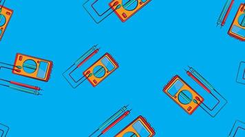 Texture, seamless pattern of red and yellow instruments for measuring the strength and voltage of an electric current, a multimeter, a tester, an electric tool on a blue background vector