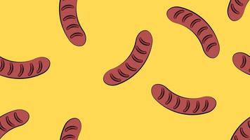 sausages on a yellow background, vector illustration. delicious grilled sausages. high-calorie sausage, fatty junk food. seamless pattern, background, endless pattern