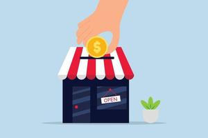 Funding small business. businessman hand funding by put coin into small business store. vector