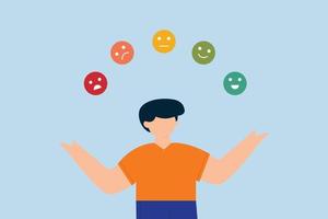 Emotional intelligence. cheerful man juggling expression emotional faces vector