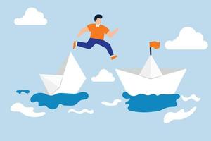 Escape from risk or danger. frustrated businessman jump to escape from sinking ship to better one vector