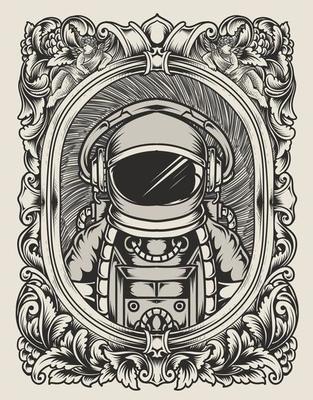 illustration astronaut with engraving ornament frame