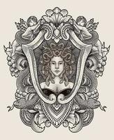 Illustration medusa head with engraving ornament frame vector