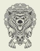 illustration baddas wolf head with skull vector