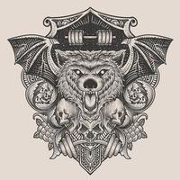 illustration baddas wolf head with skull with engraving ornament vector