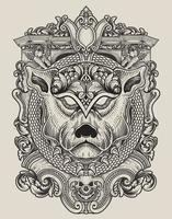 illustration dog head engraving ornament style vector