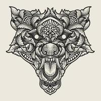 illustration wolf head with engraving style vector