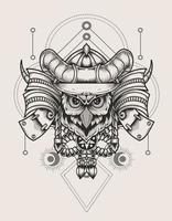 illustration owl bird head with samurai helmet vector