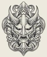 oni mask isolated with engraving ornament style vector