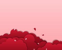 Red clouds with flying heart on pink background. vector