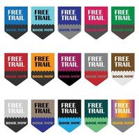 Free trail book now badges. Free trail badges design with colorful set. Badges vector illustration set.