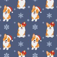 Seamless patten with  corgis in Santa Claus hat and snowflakes. Background for wrapping paper,  greeting cards and seasonal designs. Merry Christmas and Happy new year. vector