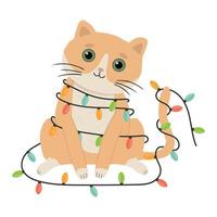 Vector illustration of a cute cat decorated with garland.  Holiday vector illustration for postcard.