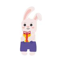 Cute white rabbit holding a gift. Childish vector character. Vector illustration. Perfect for Christmas cards and decorative design.