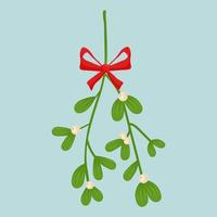 Mistletoe with red bow isolated on blue background. Vector illustration. Perfect for Christmas cards and decorative design