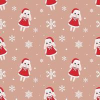 Winter seamless pattern with bunny in dress and snowflakes. Perfect for wrapping paper, greeting cards and seasonal design. vector