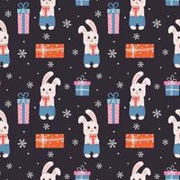 Winter seamless pattern with bunny, presents and snowflakes. Perfect for wrapping paper, greeting cards and seasonal design. vector