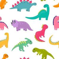 Vector seamless childish pattern with colorful dinosaurs. Baby background for nursery, wrapping paper, fabric, textile. Funny little dinosaur.