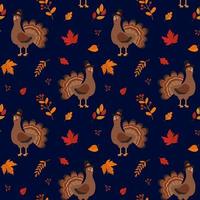 Seamless vector pattern with turkey and autumn leaves. Texture for fabric, wallpaper, apparel, wrapping. Happy Thanksgiving.
