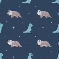 Seamless pattern with cute dinosaur on starry space background. Perfect for wrapping paper, posters, fabric and other design. vector