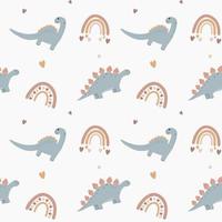 Seamless vector pattern with dinosaur, hearts and rainbows. Baby background for wrapping paper,  greeting cards, design.